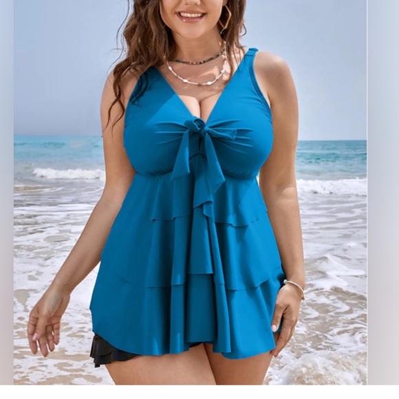 BloomChic Blue Ruffle Tankini Top - Picture 1 of 12